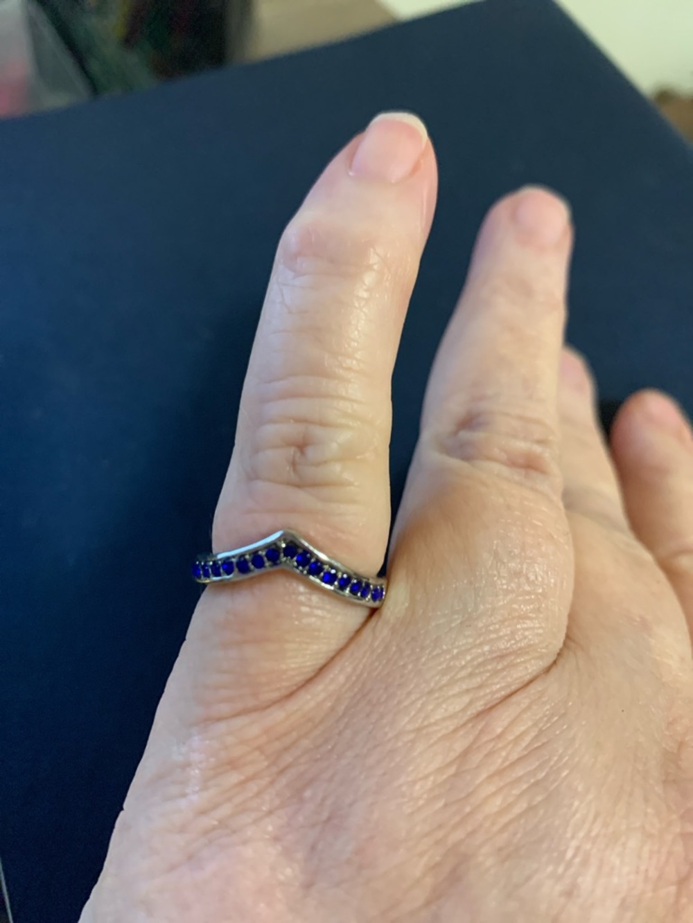 Silver V-Shape Ring with Blue Stones - Women Jewelry